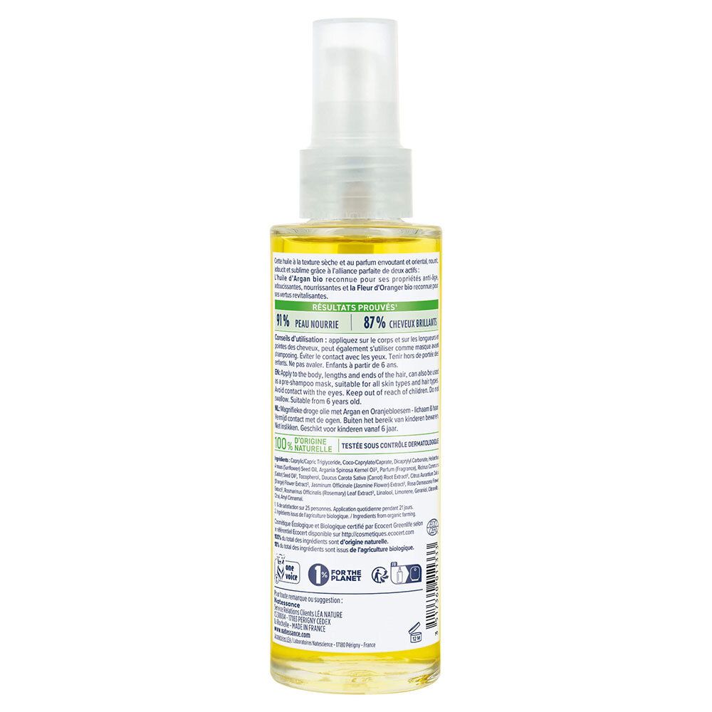 Dos du flacon. Texte: conseils d'utilisation, ingrédients, résultats des tests. Certifications: 100% naturel, label bio, Fabriqué en France.