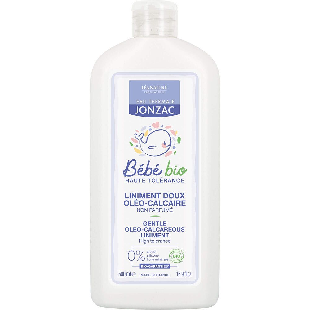 Flacon blanc avec étiquette. Jonzac Bébé Bio Oléo-Calcaire Liniment. Label bio. 500ml. Vue de face.