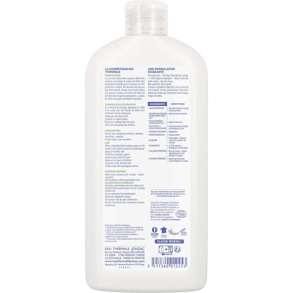 Dos du flacon blanc. Texte avec ingrédients et informations. Certifications bio. Fabriqué en France.