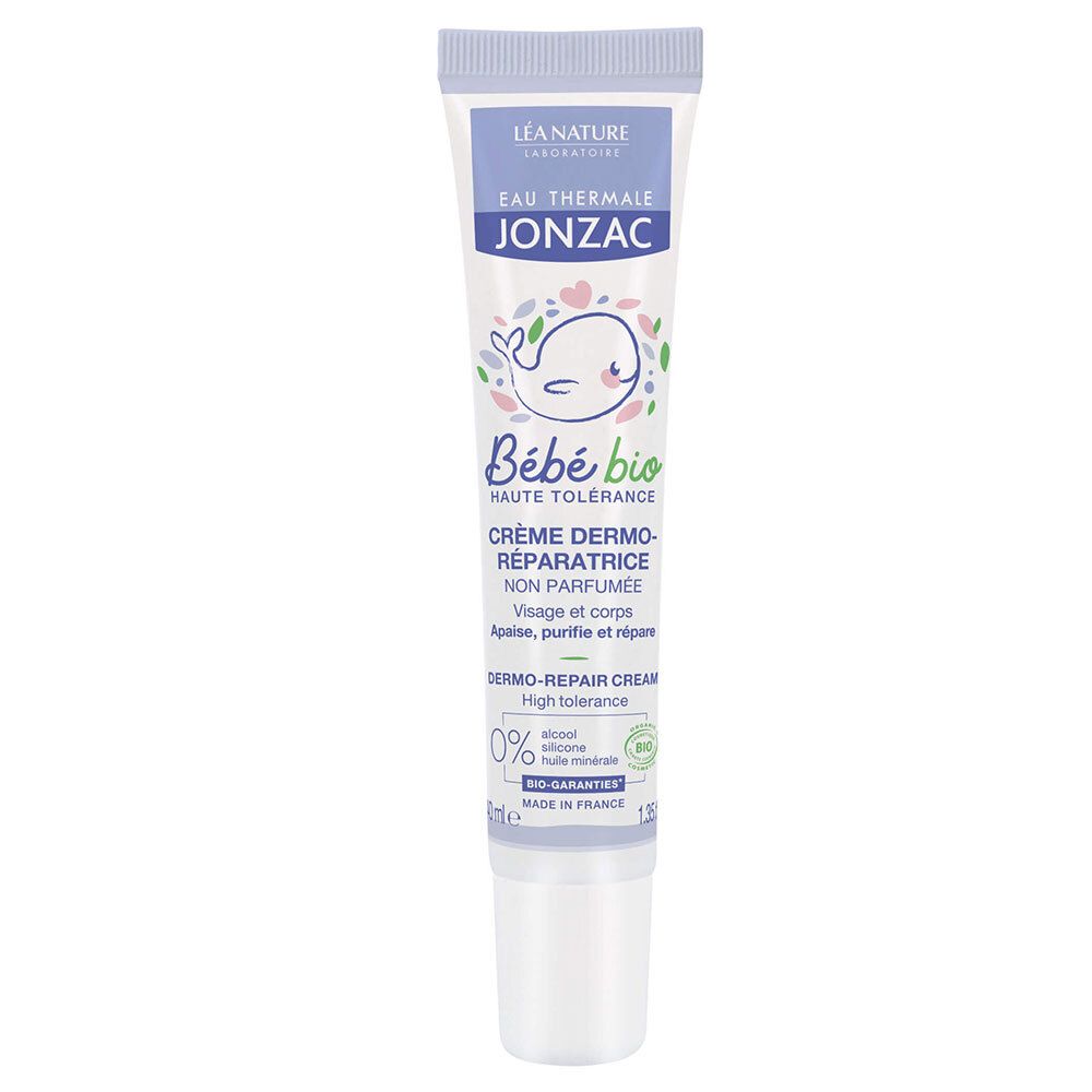 Tube de crème Jonzac Bébé. Logo baleine, mentions « Bébé bio » et « haute tolérance ». Certifié bio.