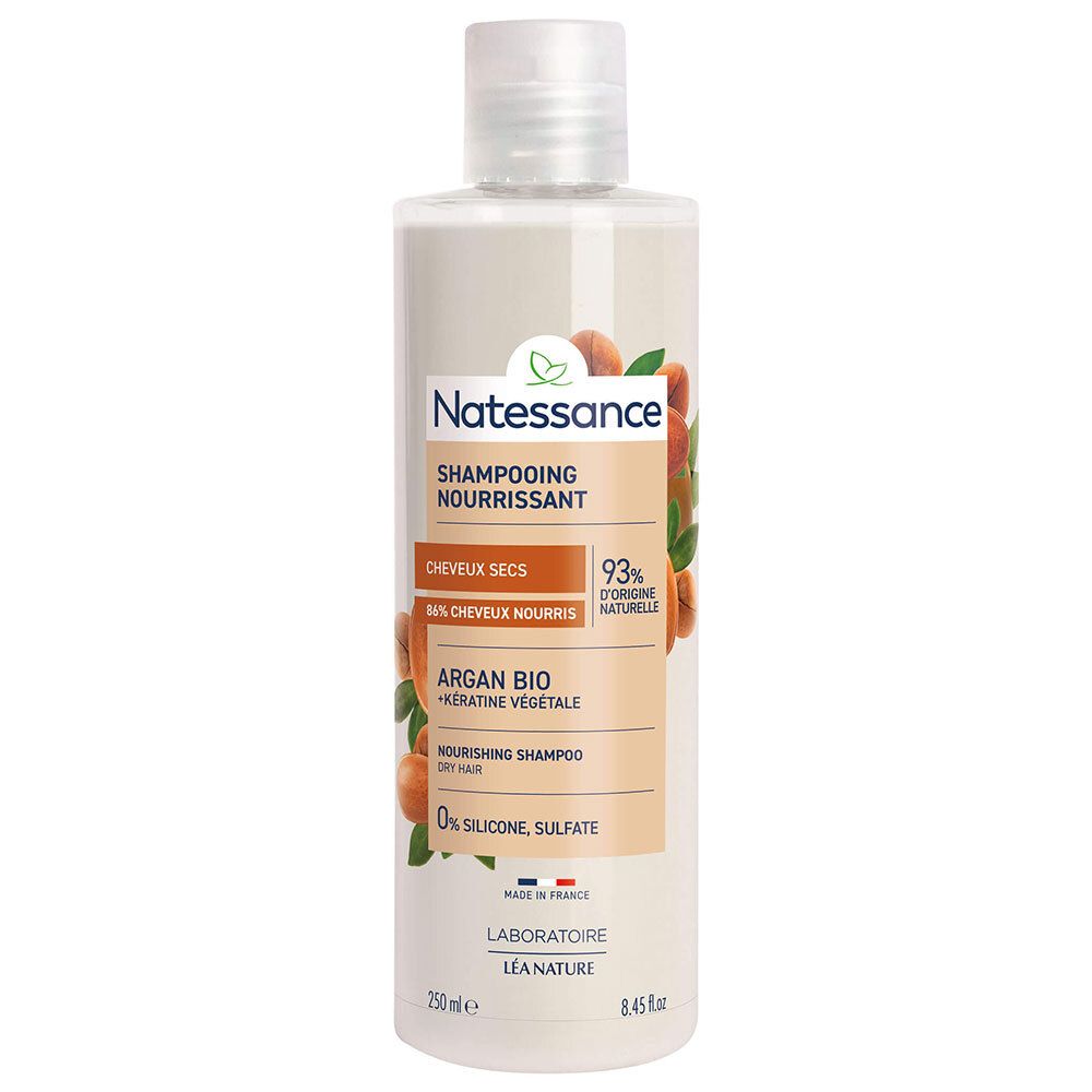Flacon de shampooing Natessance Argan Bio Kératine Végétale. Pour cheveux secs. 93% d'origine naturelle. Sans silicones et sulfates.