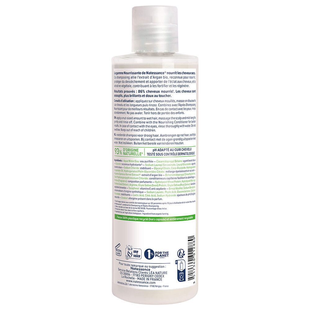 Dos du flacon de shampooing. Informations textuelles, ingrédients, instructions d'utilisation. 93% d'origine naturelle. Pour les cheveux.