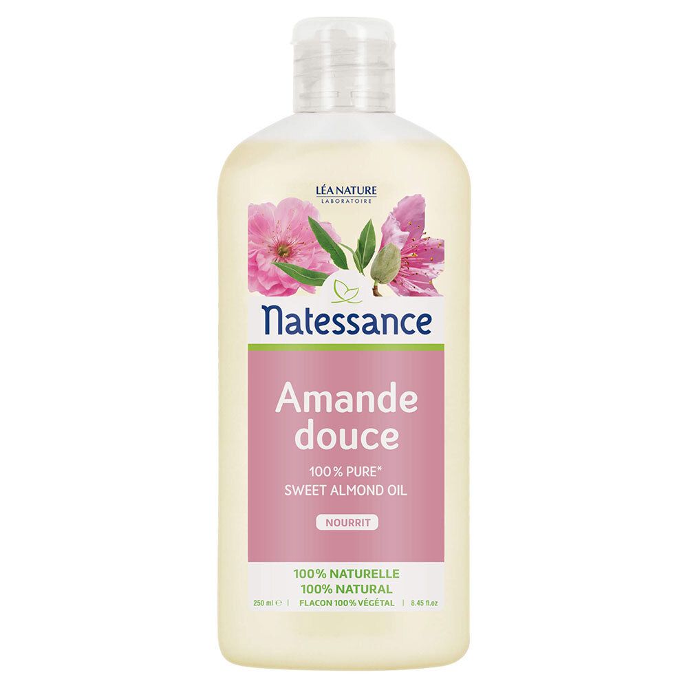 Flasche mit rosa Etikett. Text: Natessance, Amande douce, 100% pure Sweet Almond Oil. Mit Blüten-Dekoration.