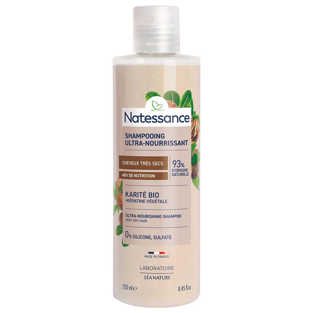 Flacon de shampooing avec bouchon blanc. Inscription: Natessance, Shampooing Ultra-Nourrissant, Karité Bio, Kératine Végétale. 0% silicone, sulfate.