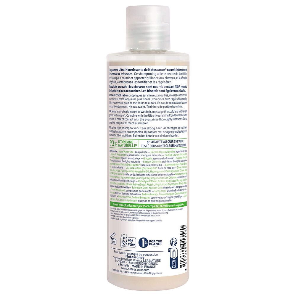 Dos du flacon de shampooing. Texte multilingue. Contient des informations sur les ingrédients et l'utilisation. Avec logo '1 for the planet'.