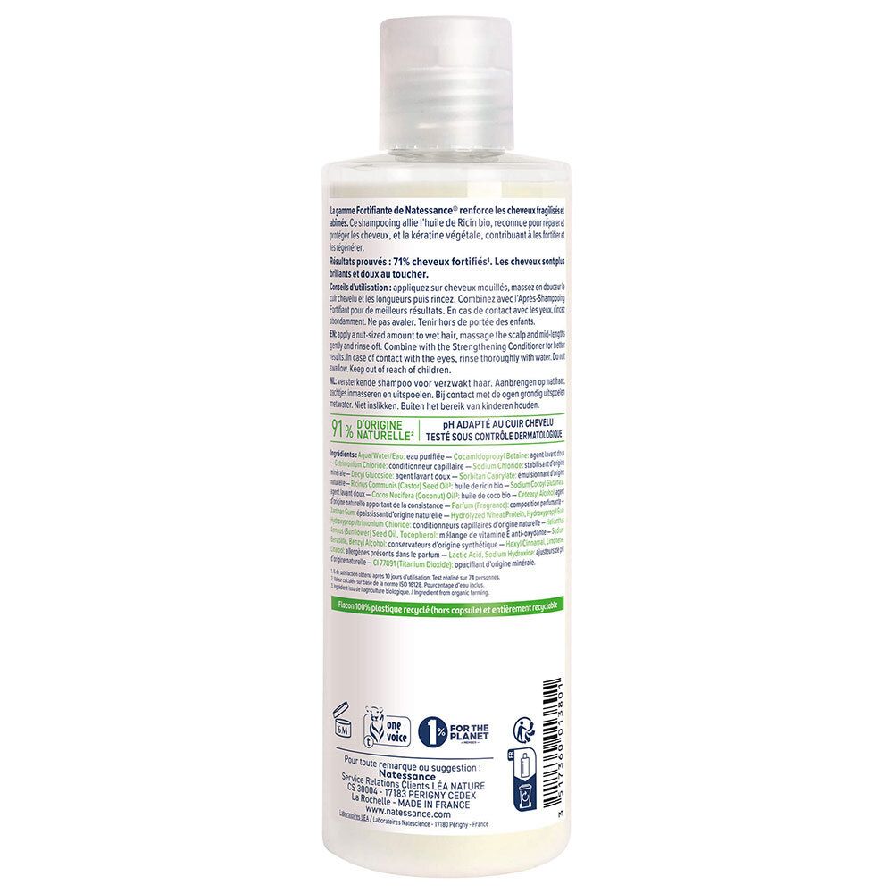 Dos du flacon de shampooing. Texte: informations d'utilisation, ingrédients, origine. Logo: 91% ingrédients naturels.