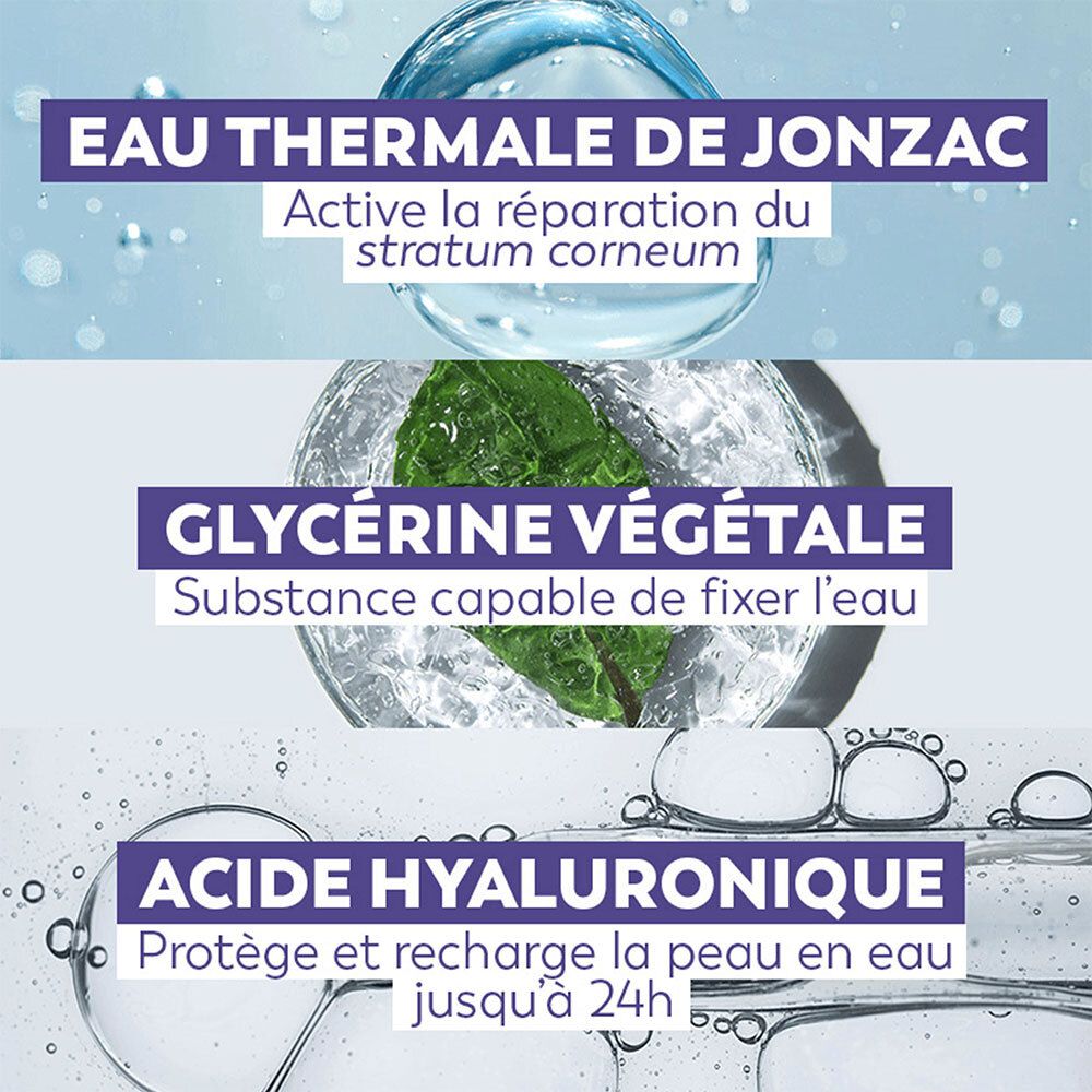 Grafik mit Text: Eau Thermale de Jonzac, Glyzerin, Hyaluronsäure. Beschreibt Inhaltsstoffe und deren Wirkung.