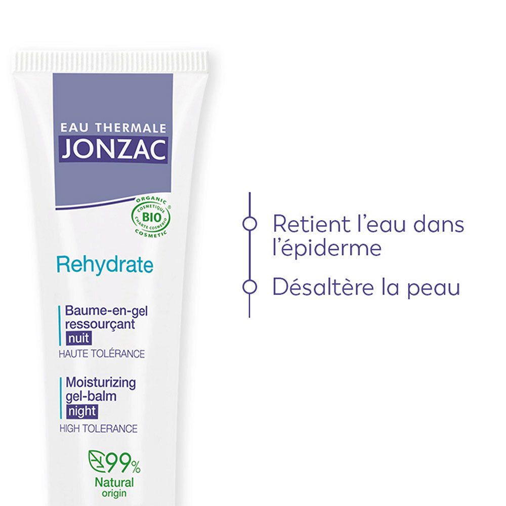 Ausschnitt der Tube. Text: Retient l'eau dans l'épiderme, Désaltère la peau. Bio-Zertifizierung. Produktname: Rehydrate.