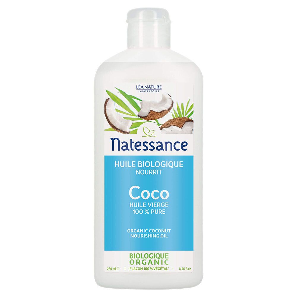 Flacon d'huile de coco Natessance. Inscription: Coco, Huile Vierge 100 % Pure. Label bio.