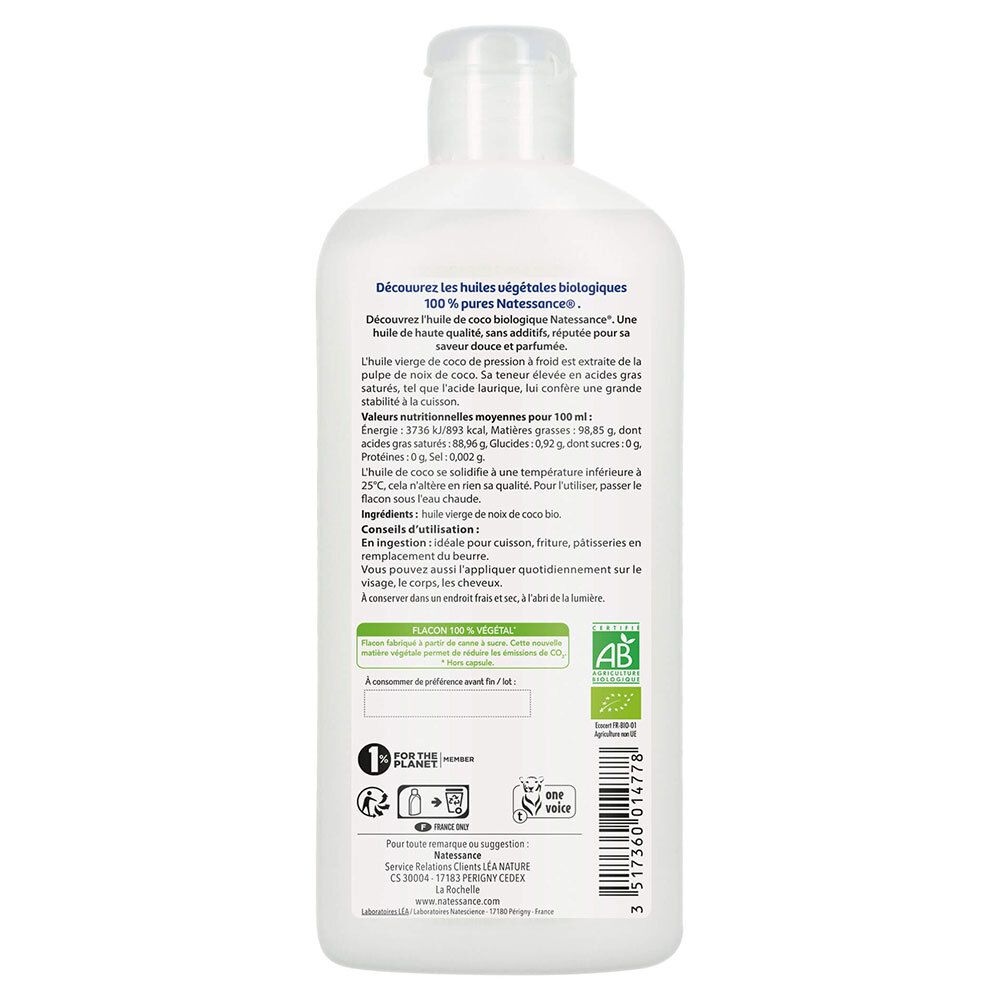 Dos du flacon d'huile de coco. Texte: informations nutritionnelles, ingrédients, mode d'emploi. Label bio.