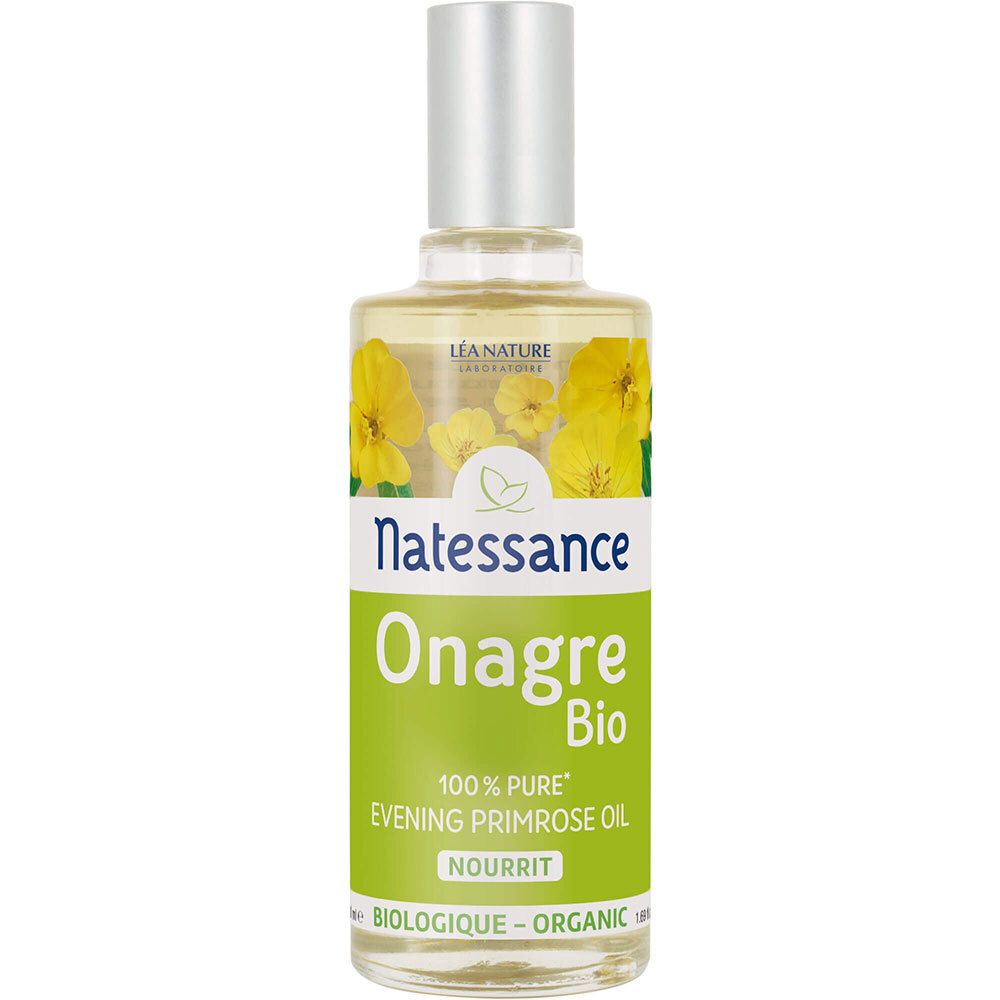 Flacon en verre transparent avec bouchon argenté. Étiquette "Natessance Onagre Bio" et "100% Pure Evening Primrose Oil".