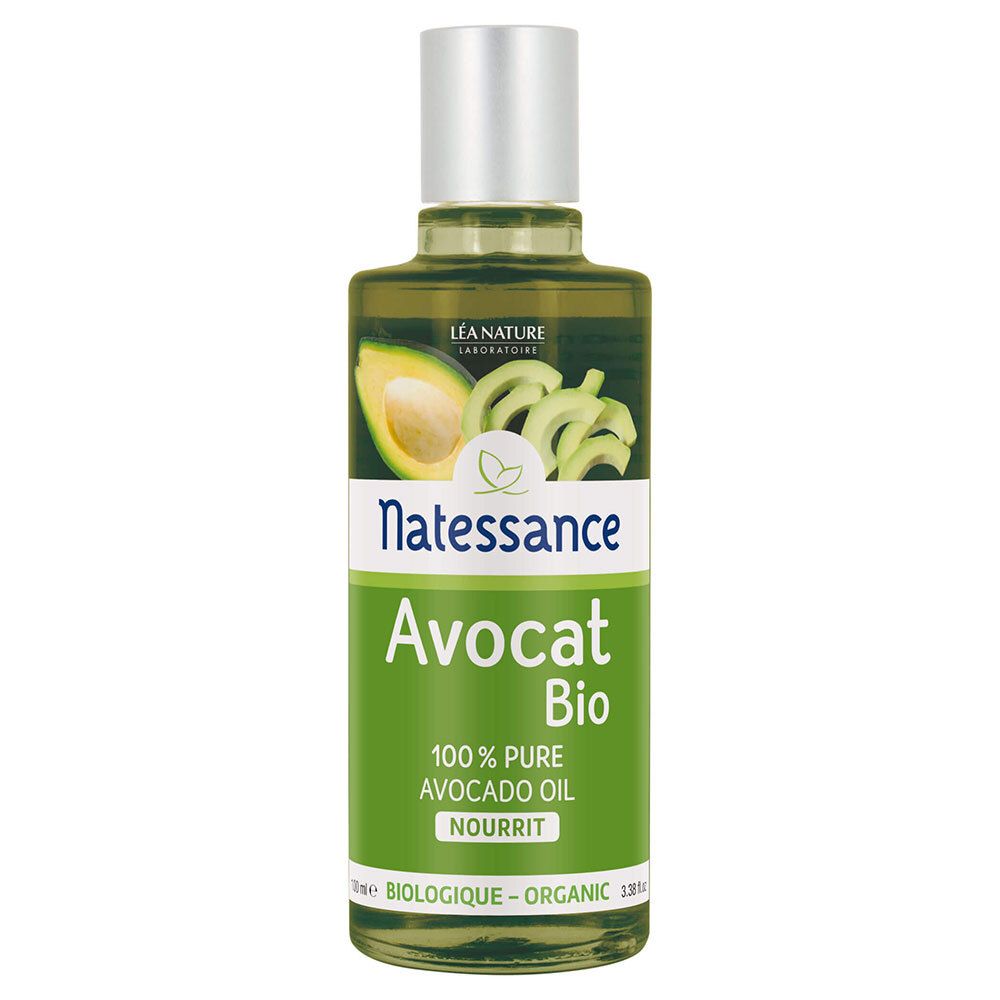 Grüne Glasflasche mit silbernem Deckel. Etikett mit Avocado-Illustration und Text: Avocat Bio, 100% pure Avocado Oil.