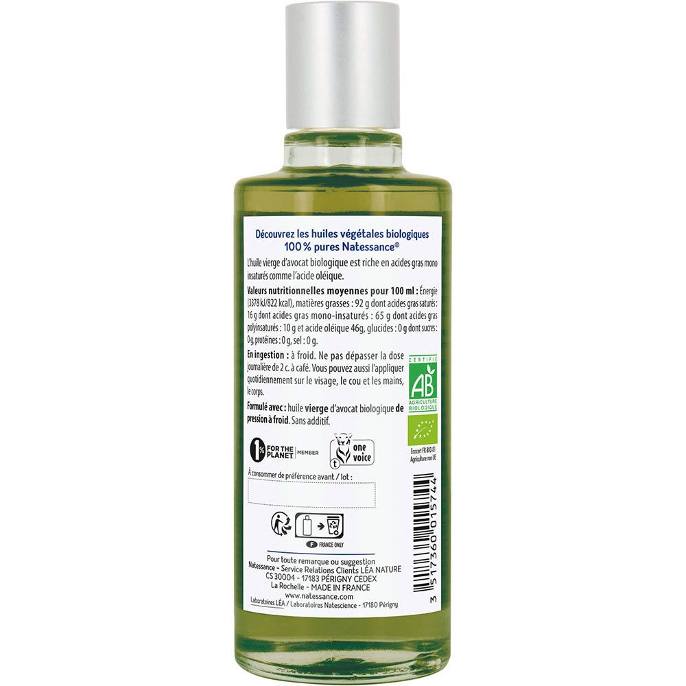 Rückseite der grünen Glasflasche. Textinformationen, Nährwertangaben, Bio-Siegel und Barcode.