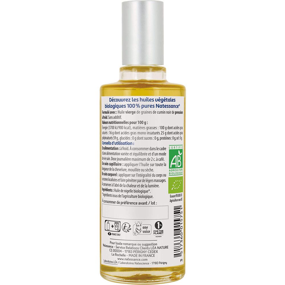 Rückseite der Glasflasche. Enthält Informationen zu Inhaltsstoffen, Nährwerten und AB-Bio-Zertifizierung. Schwarzkümmelöl.