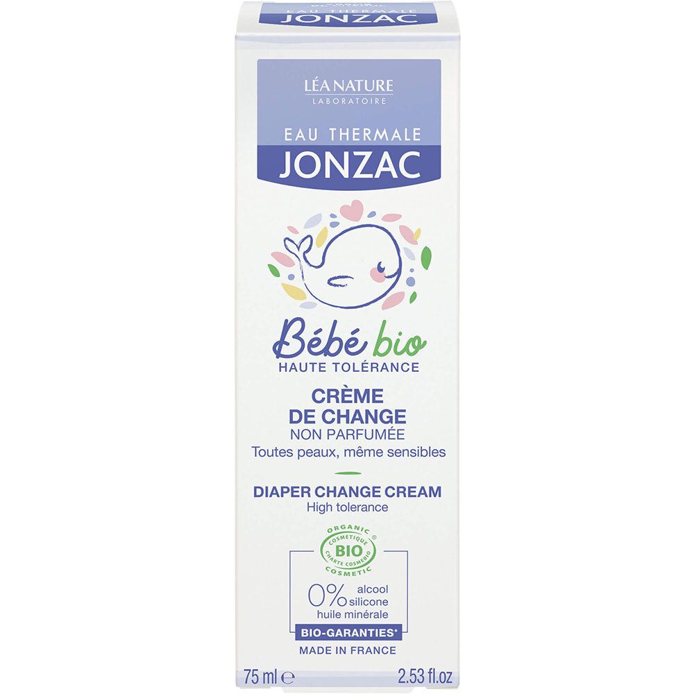 Karton mit blauer Aufschrift. Text: Jonzac, Bébé bio, Crème de Change, 0% Alkohol, Silikon, Mineralöl. Bio-Siegel.