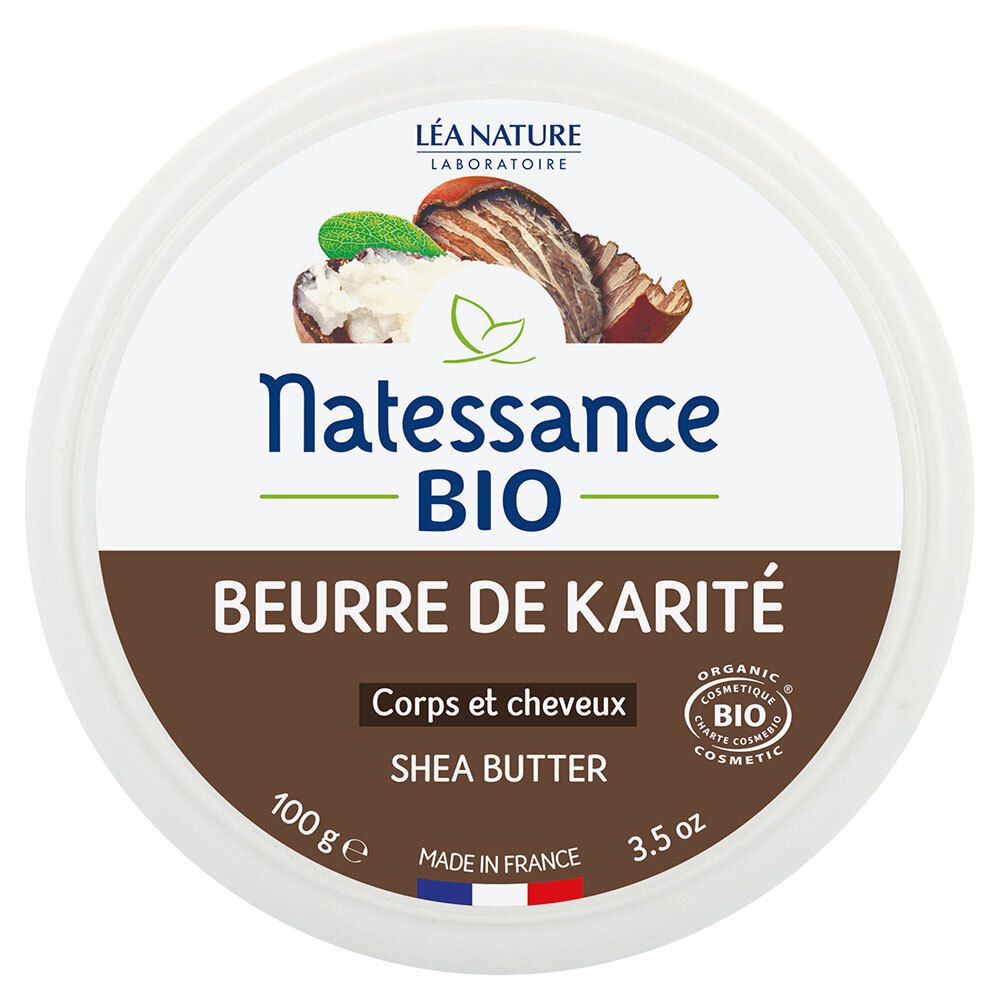 Pot rond de beurre de karité Natessance BIO. Inscription: Beurre de Karité, Corps et cheveux, Shea Butter. Certification bio.