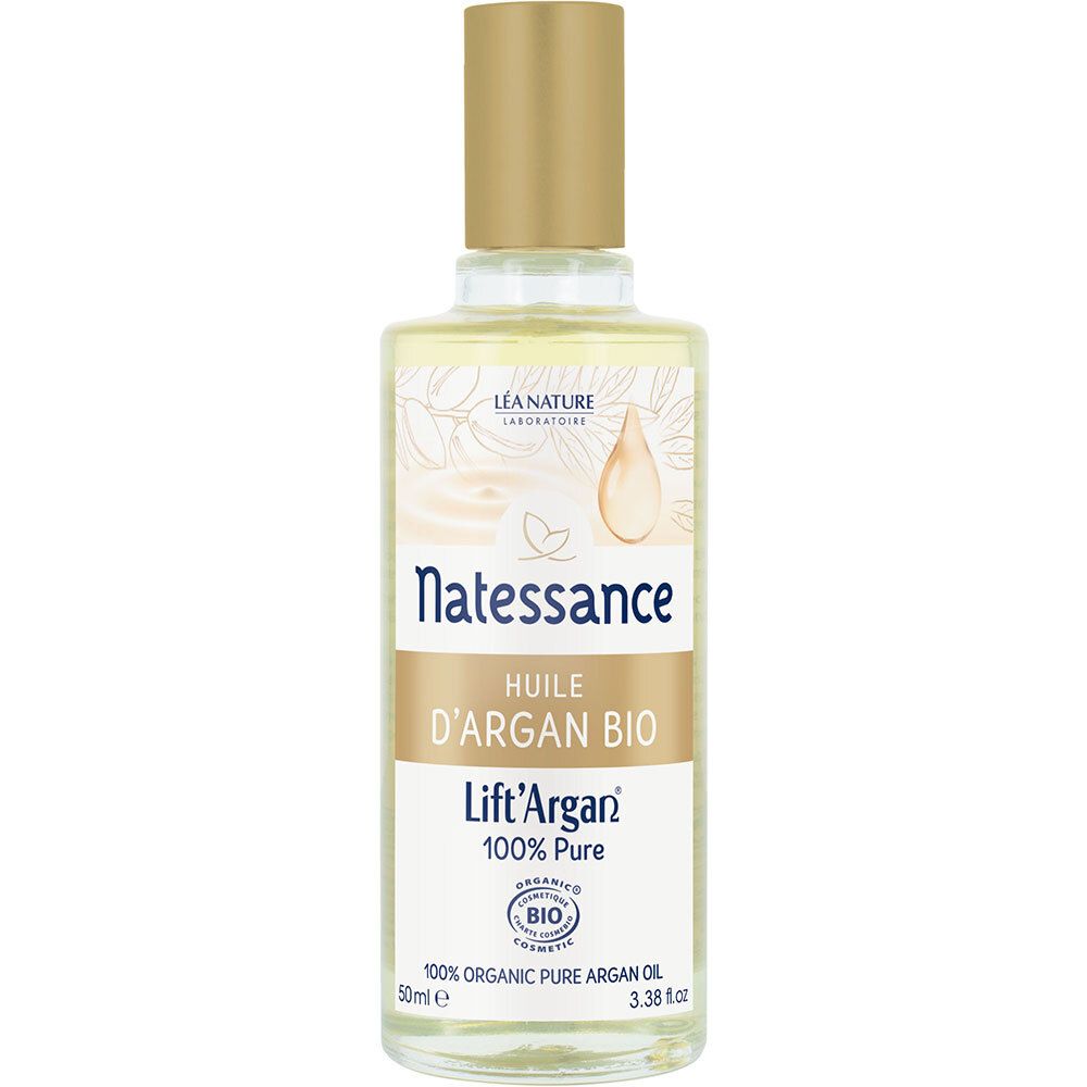 Flacon en verre transparent avec bouchon doré. Inscription: Natessance, Huile d'Argan Bio, Lift'Argan, 100% Pure. Label Bio.