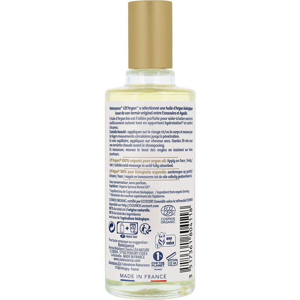 Dos du flacon d'huile. Texte en français. Certification Bio. Fabriqué en France.