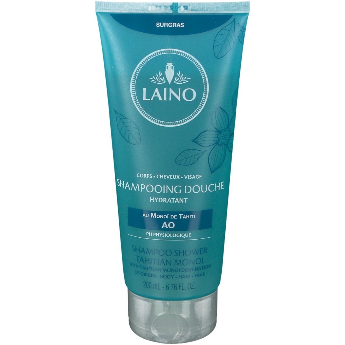 Tube turquoise LAINO. Logo et texte "Shampooing Douche Hydratant". Inscription "Au Monoï de Tahiti AO".