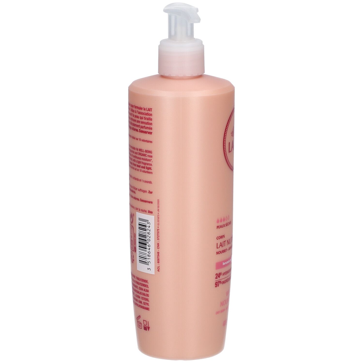 Roze fles met pomp. Achterkant met tekst en barcode. Productnaam en ingrediënten in meerdere talen.