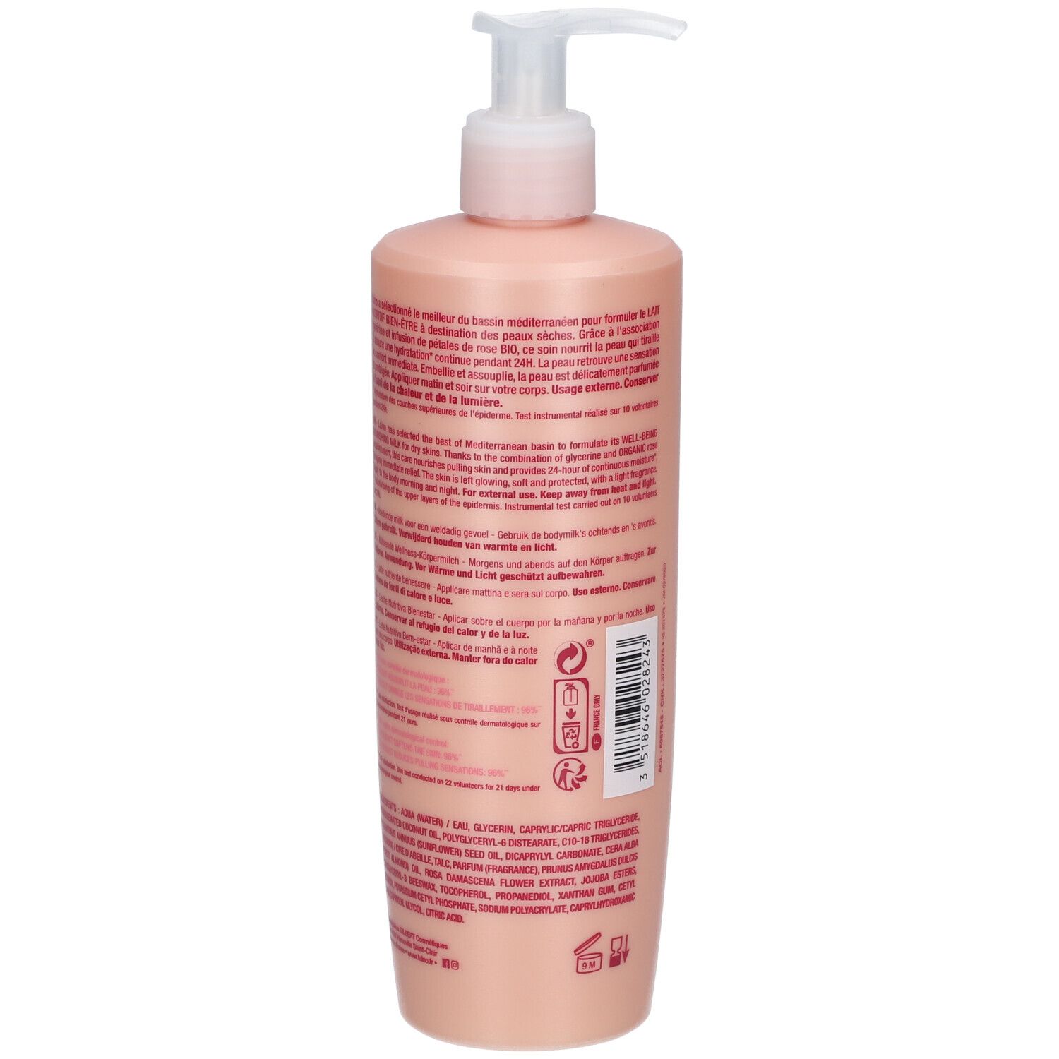 Roze fles met pomp. Achterkant met tekst in meerdere talen. Productbeschrijving en ingrediënten.