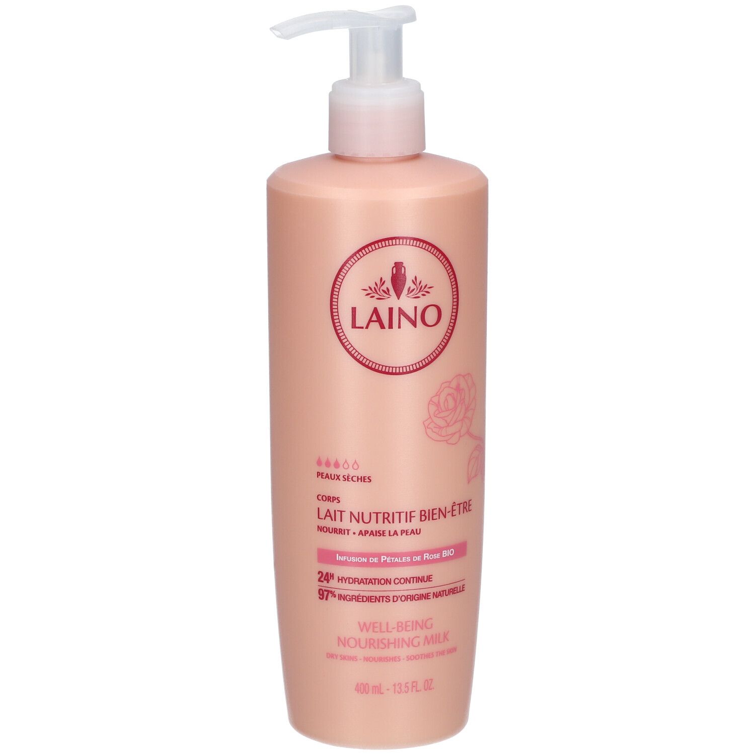 Roze fles met pomp. LAINO-logo en productnaam. Tekst: Lait nutritif bien-être, 24h Hydratation continue.