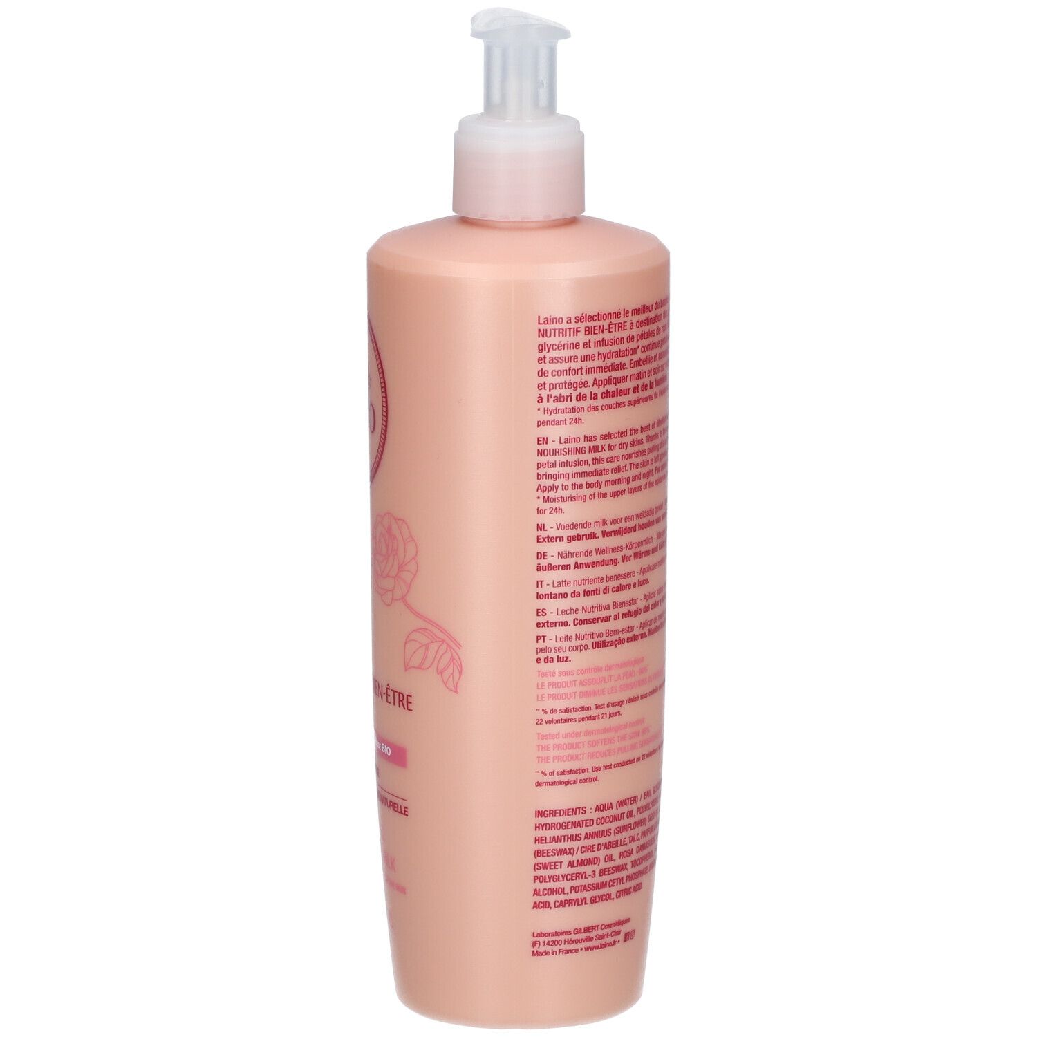 Roze fles met pomp. Achterkant met tekst in meerdere talen. Productbeschrijving en ingrediënten.