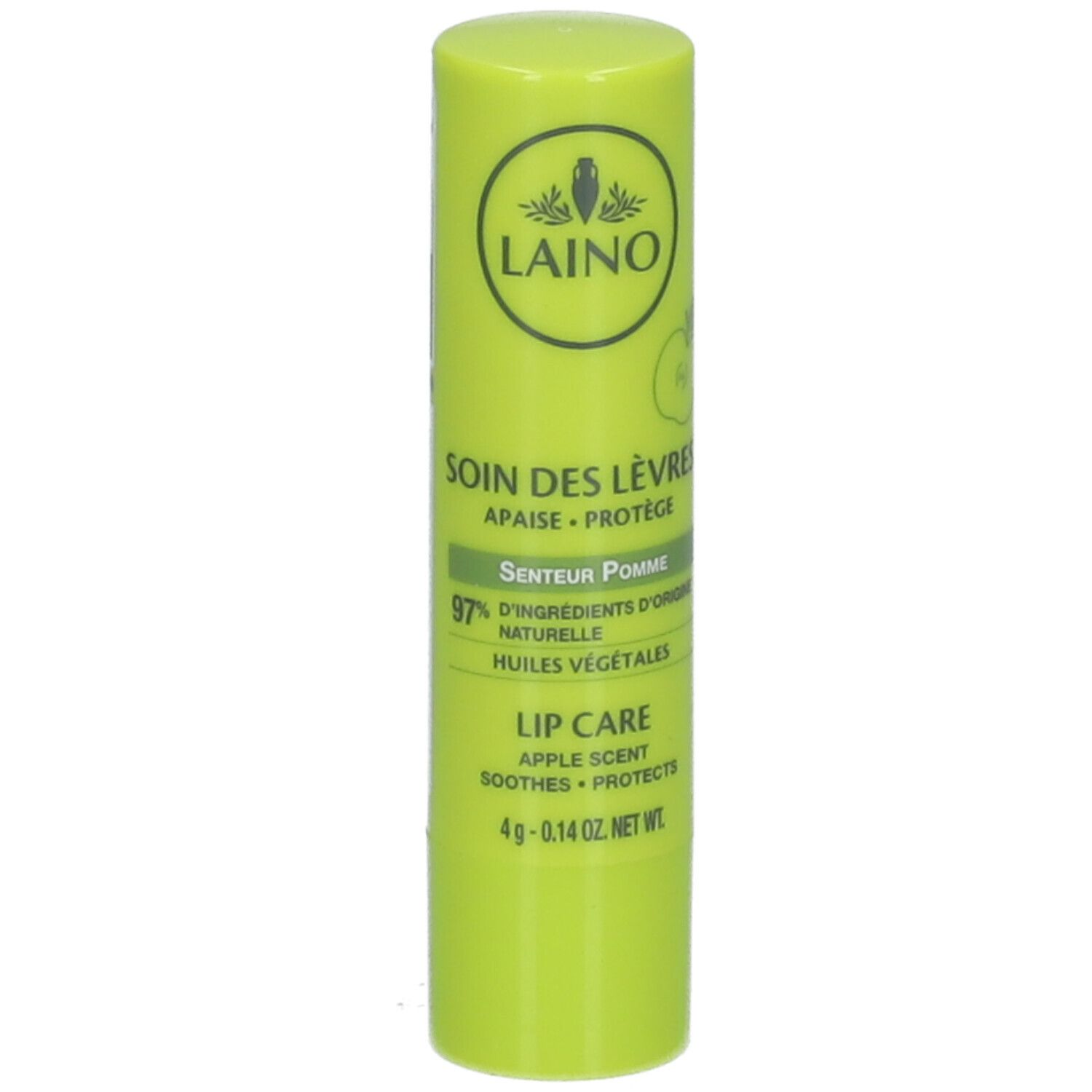 Stick de soin des lèvres vert clair. Inscriptions: LAINO, SOIN DES LÈVRES, 97% ingrédients naturels, parfum pomme. 4g.