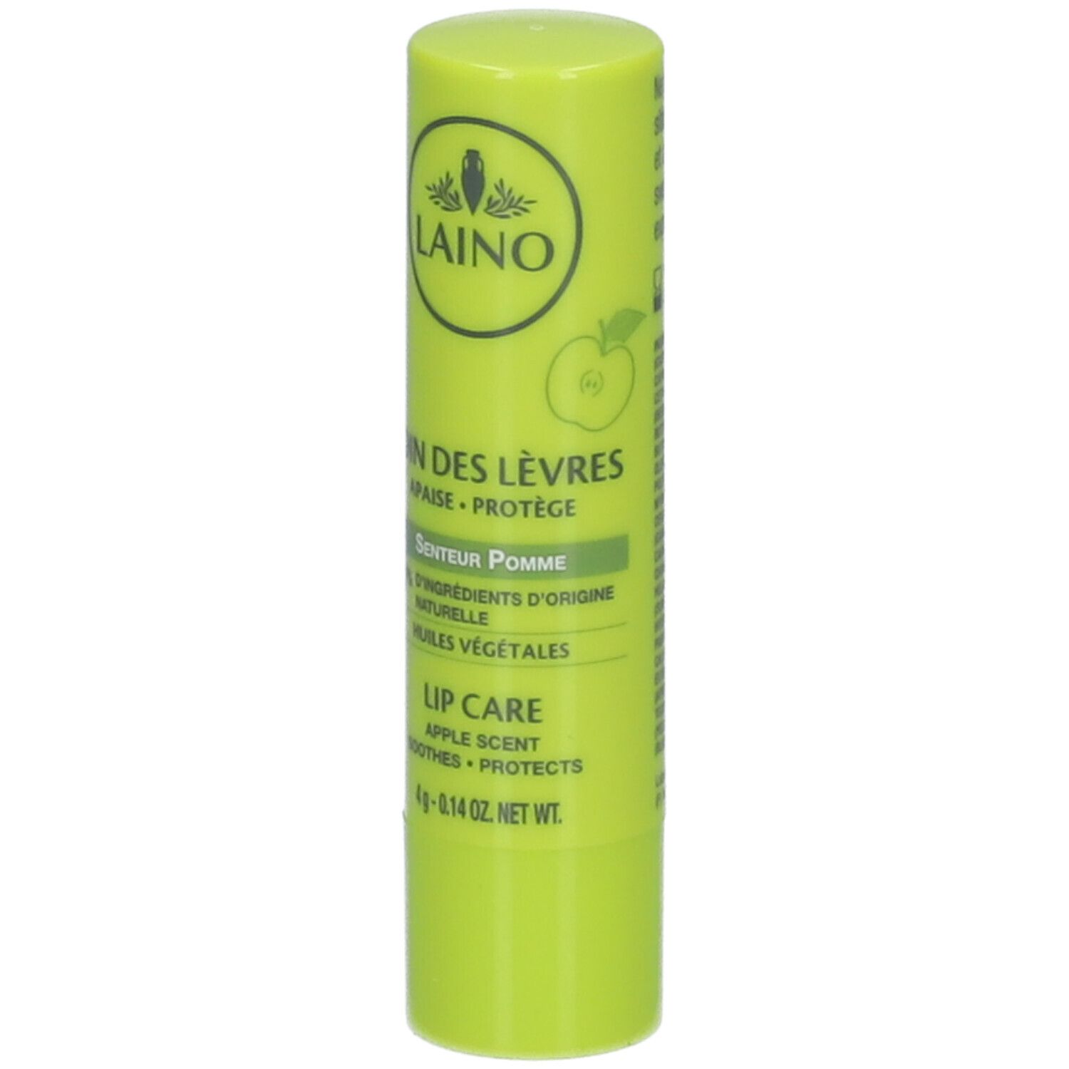 Stick de soin des lèvres vert clair. Inscriptions: LAINO, SOIN DES LÈVRES, 97% ingrédients naturels, parfum pomme. 4g.