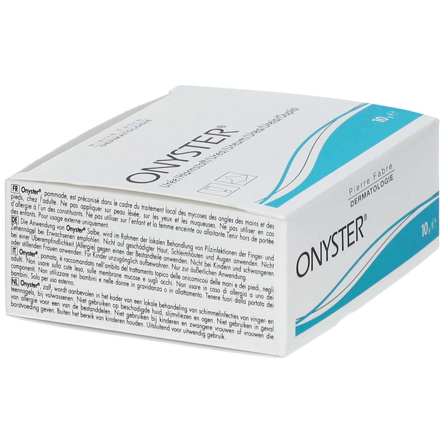 Boîte OnySter. Carton blanc, ligne ondulée bleue. Inscription OnySter. Pierre Fabre Dermatologie. 10 g.