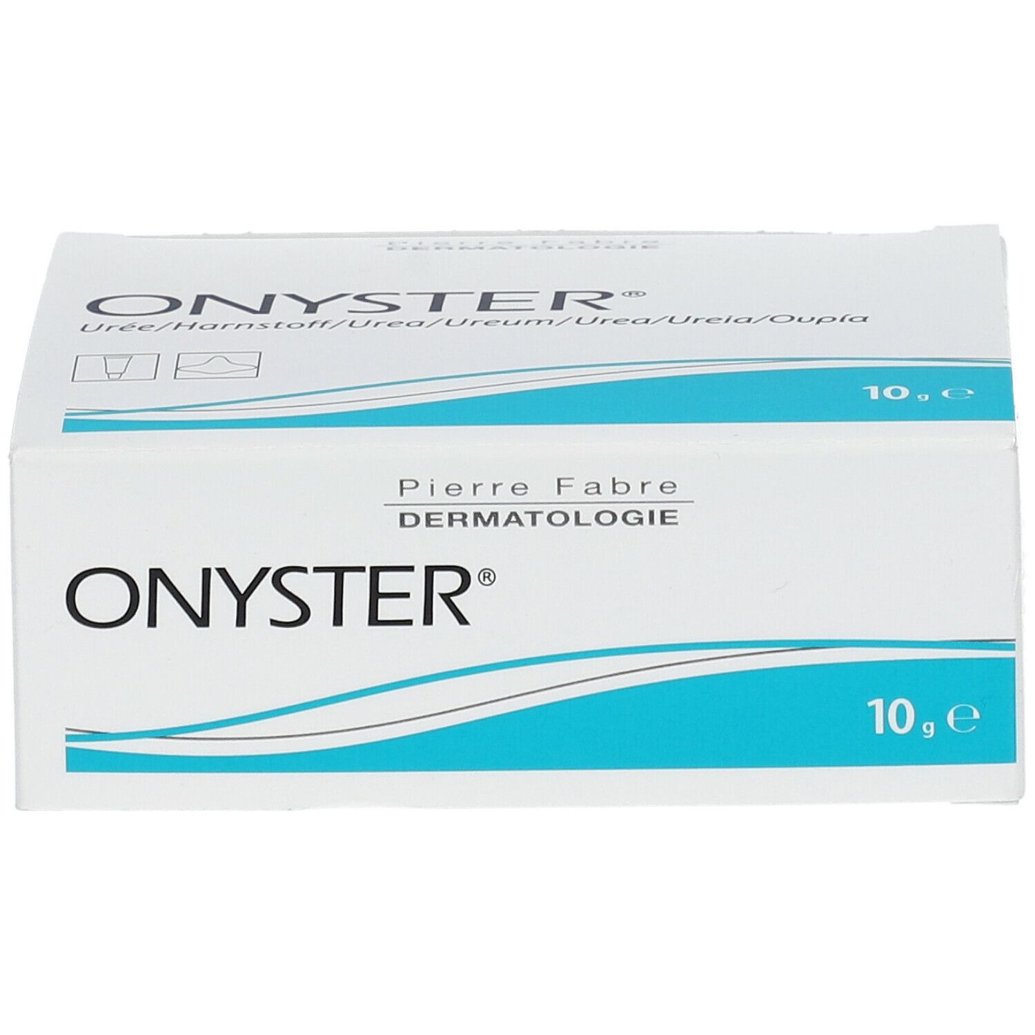 Boîte OnySter. Carton blanc, motif vague bleu. Inscription OnySter. Pierre Fabre Dermatologie. 10 g.