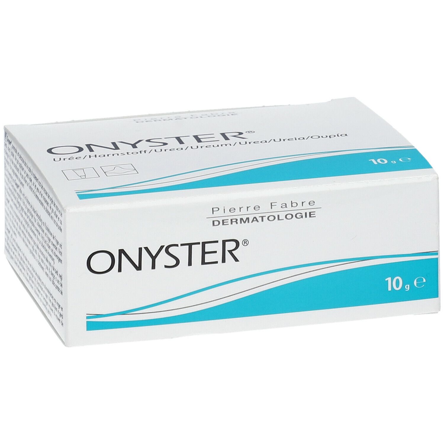 Boîte OnySter. Carton blanc, motif vague bleu. Inscription OnySter. Pierre Fabre Dermatologie. 10 g.