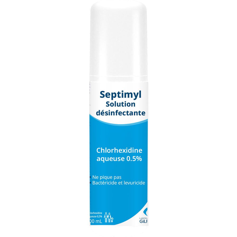 Flacon cylindrique blanc avec bande bleue. Inscriptions: Septimyl Solution désinfectante, Chlorhexidine aqueuse 0.5%.