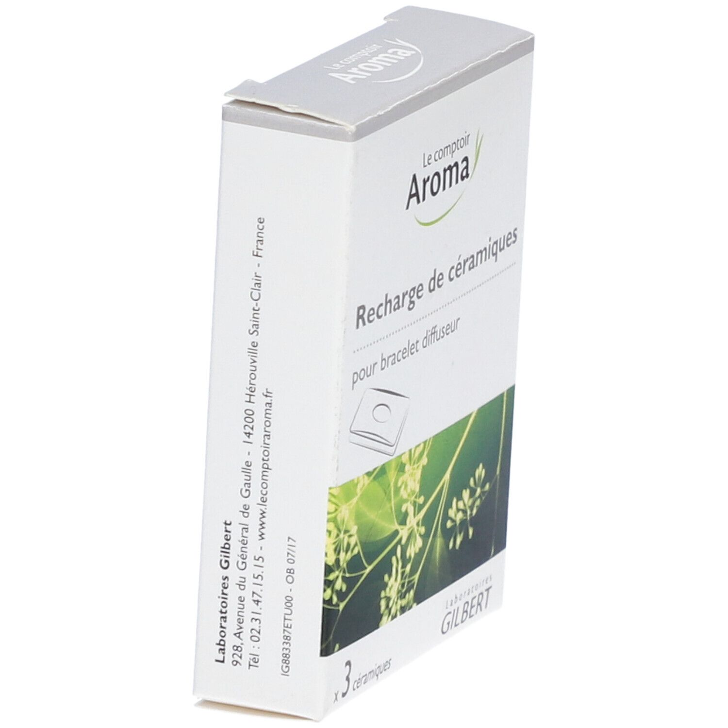 Boîte de recharge de céramiques pour bracelet diffuseur. Marque Le comptoir Aroma, vue de côté.