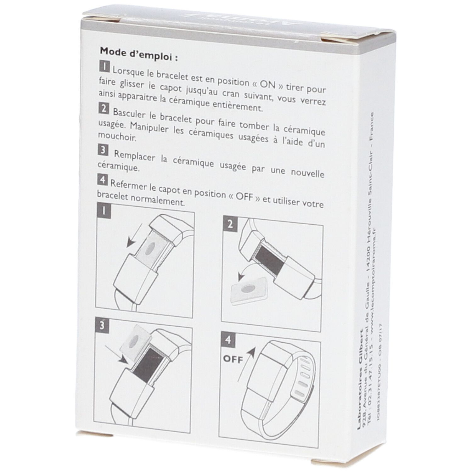 Dos de la boîte. Instructions d'utilisation du bracelet diffuseur, avec illustrations.