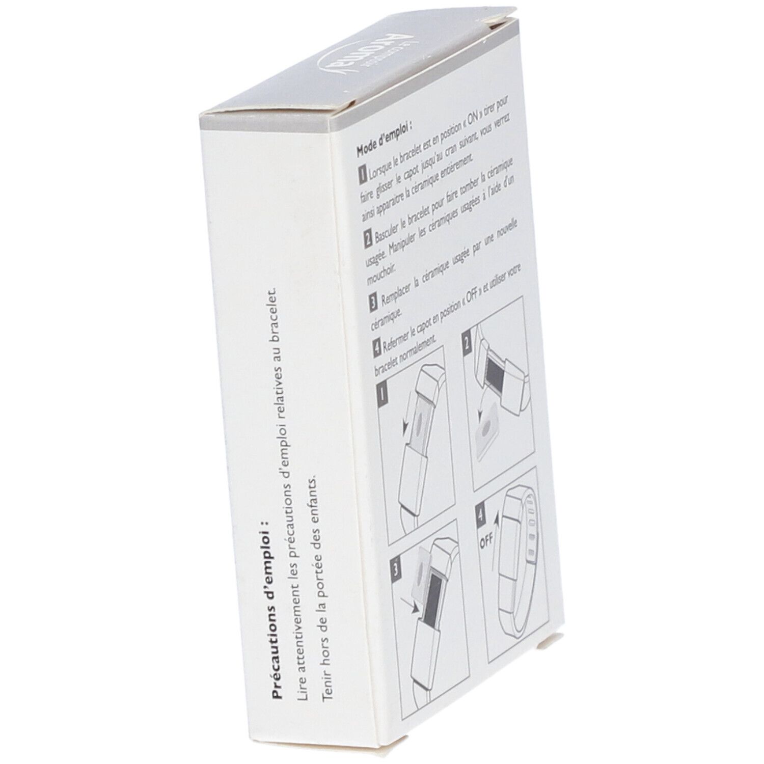 Côté de la boîte avec précautions d'emploi et instructions. Illustrations.