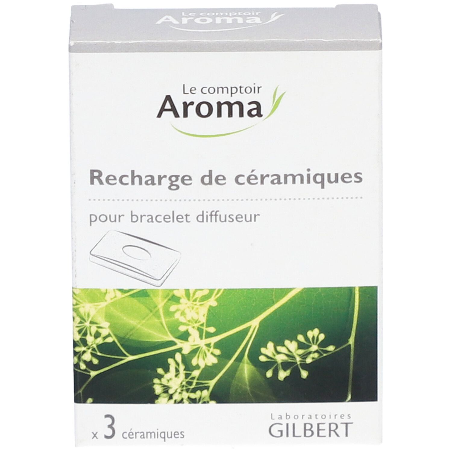 Boîte de recharge de céramiques pour bracelet diffuseur. Marque Le comptoir Aroma, visuel vert et blanc.