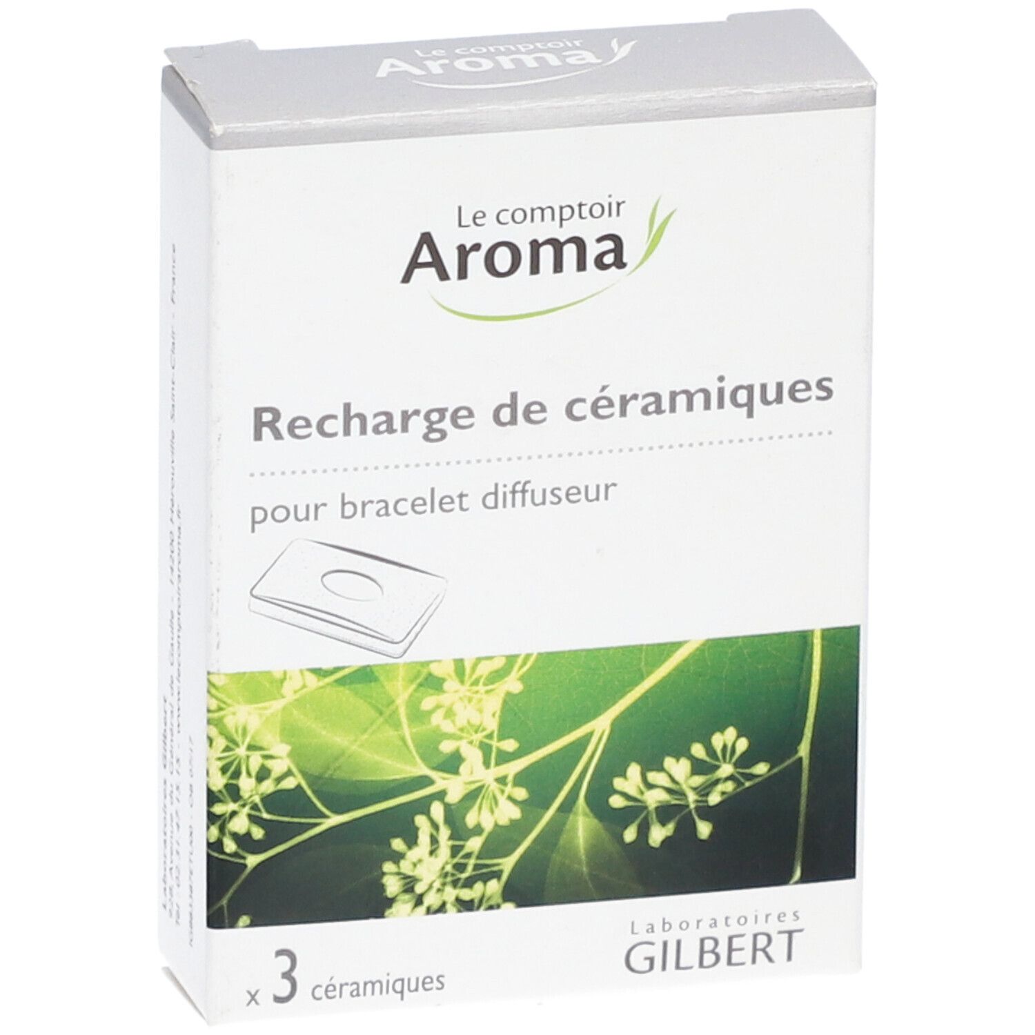 Boîte de recharge de céramiques pour bracelet diffuseur. Marque Le comptoir Aroma, visuel vert et blanc.