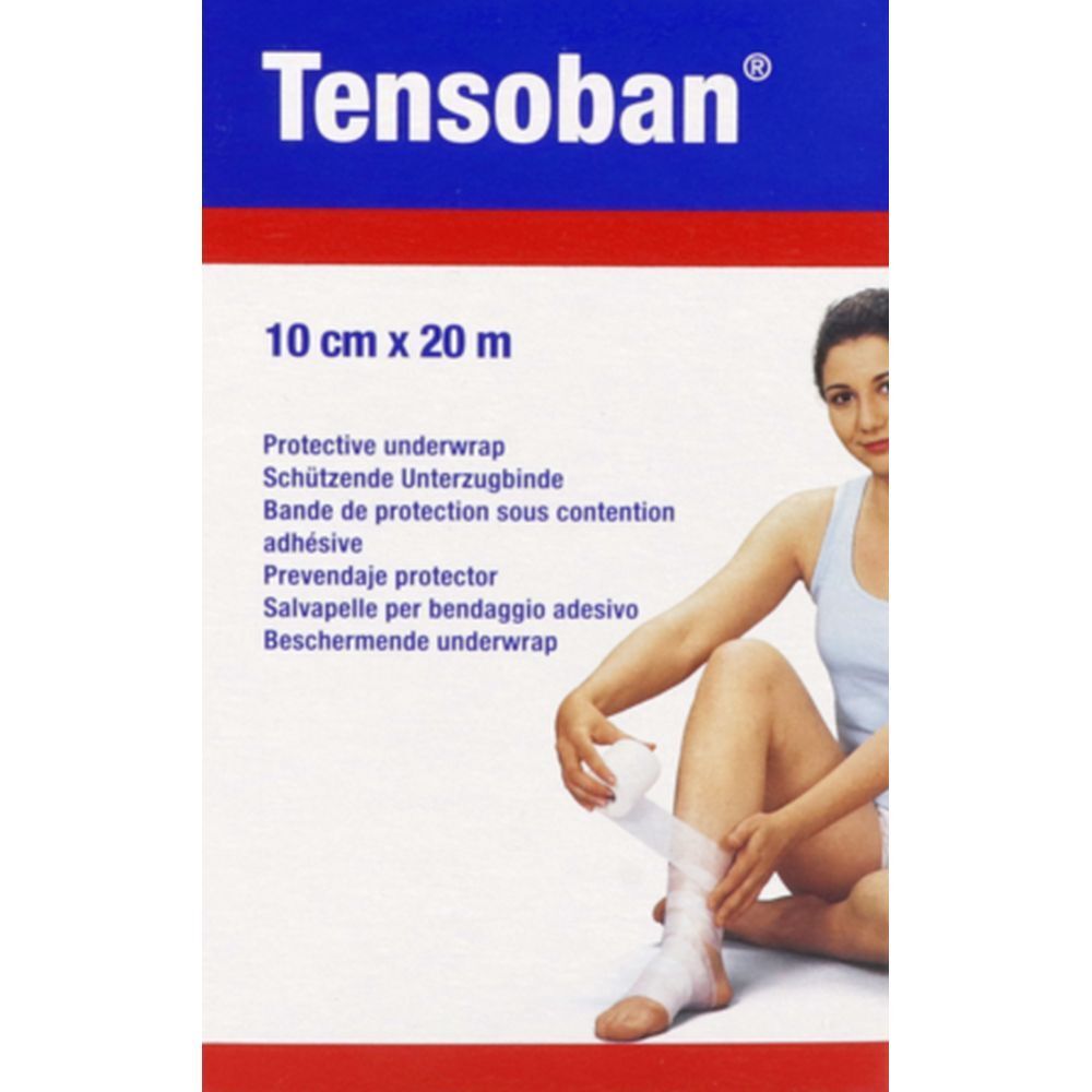 Emballage avec nom et texte, à côté d'une personne appliquant le bandage.