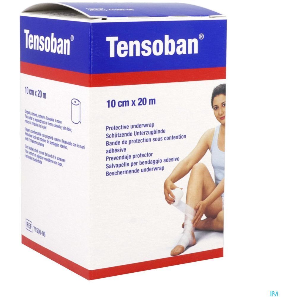 Emballage du produit avec nom et texte, à côté d'une personne appliquant le bandage.