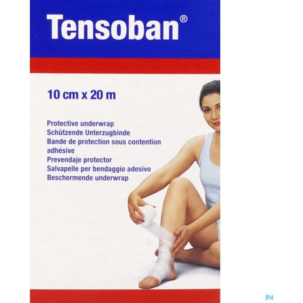 Emballage du produit avec nom et texte, à côté d'une personne appliquant le bandage.