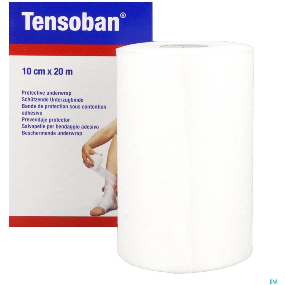 Bande de sous-bandage blanche, enroulée, à côté de l'emballage avec nom et texte.