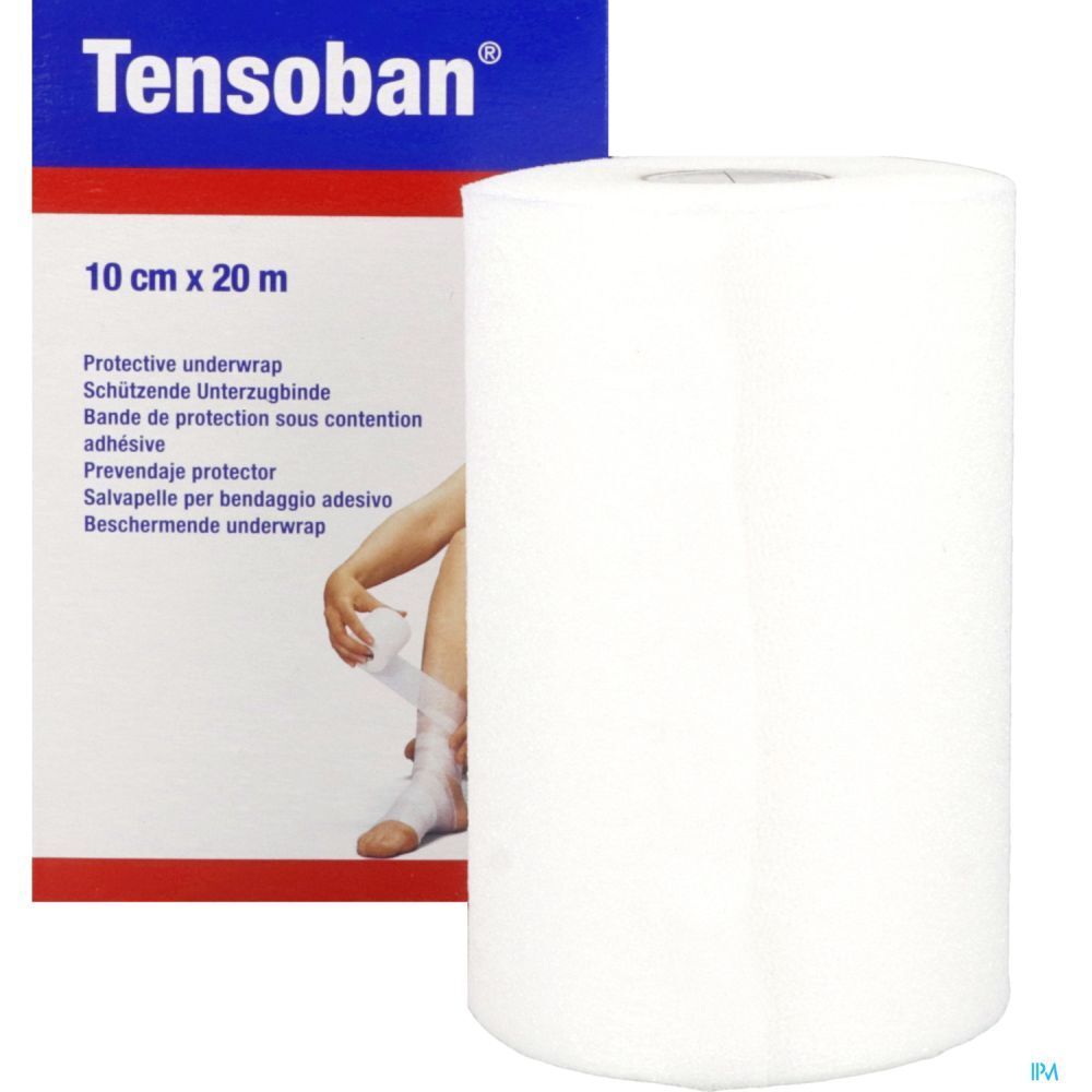 Bande de sous-bandage blanche, enroulée, à côté de l'emballage avec nom et texte.