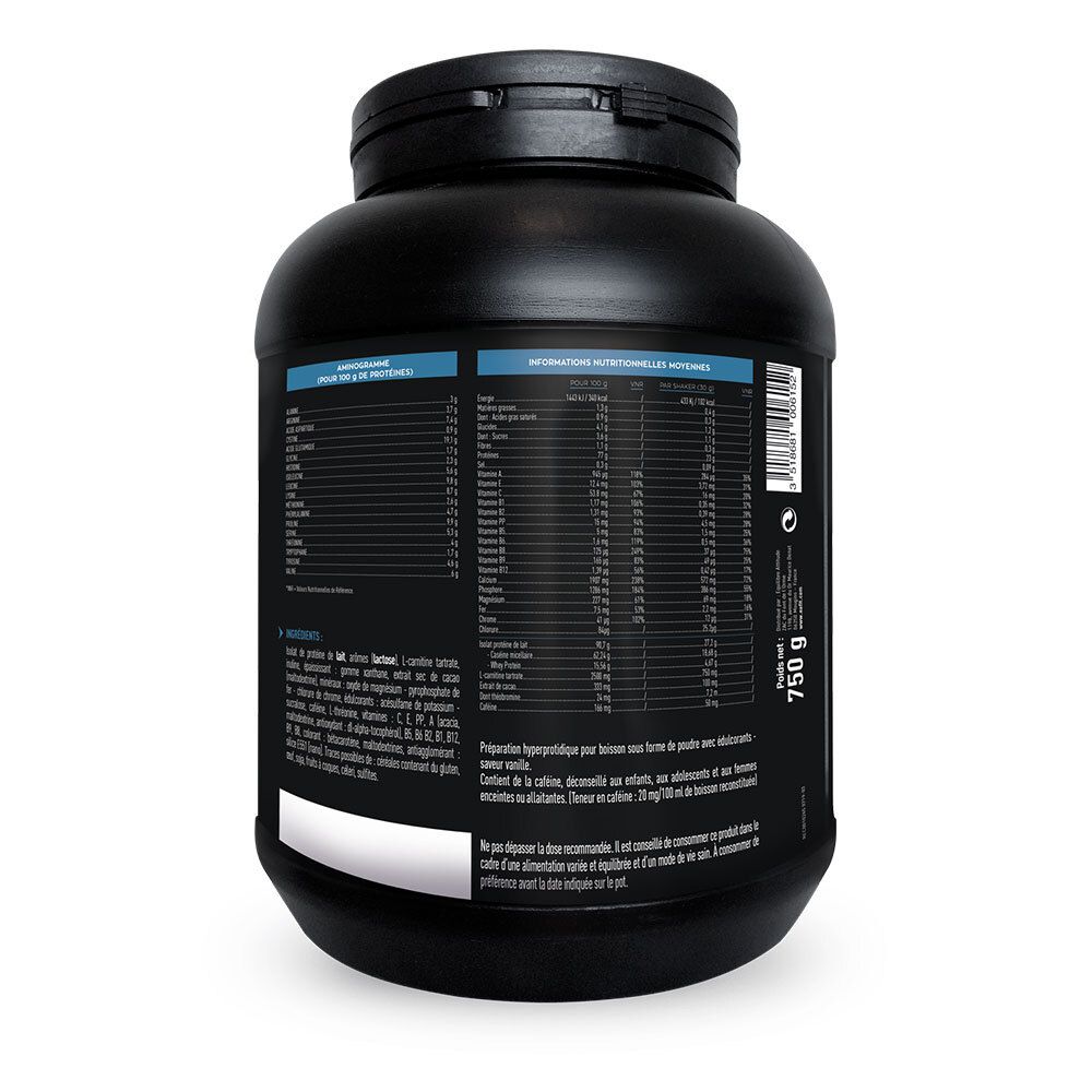 Rückseite eines schwarzen Behälters mit Nährwertangaben und Produktinformationen für EA FIT Ripped Max Caseine.