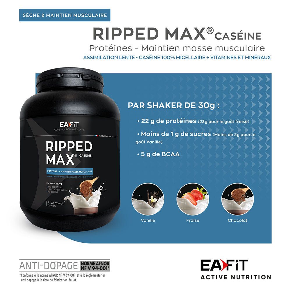 EA FIT Ripped Max Caseine Vanille: Proteine für Muskelaufbau. Enthält 22g Protein pro Portion. Mit Vanille-, Erdbeer- und Schokoladenbildern.