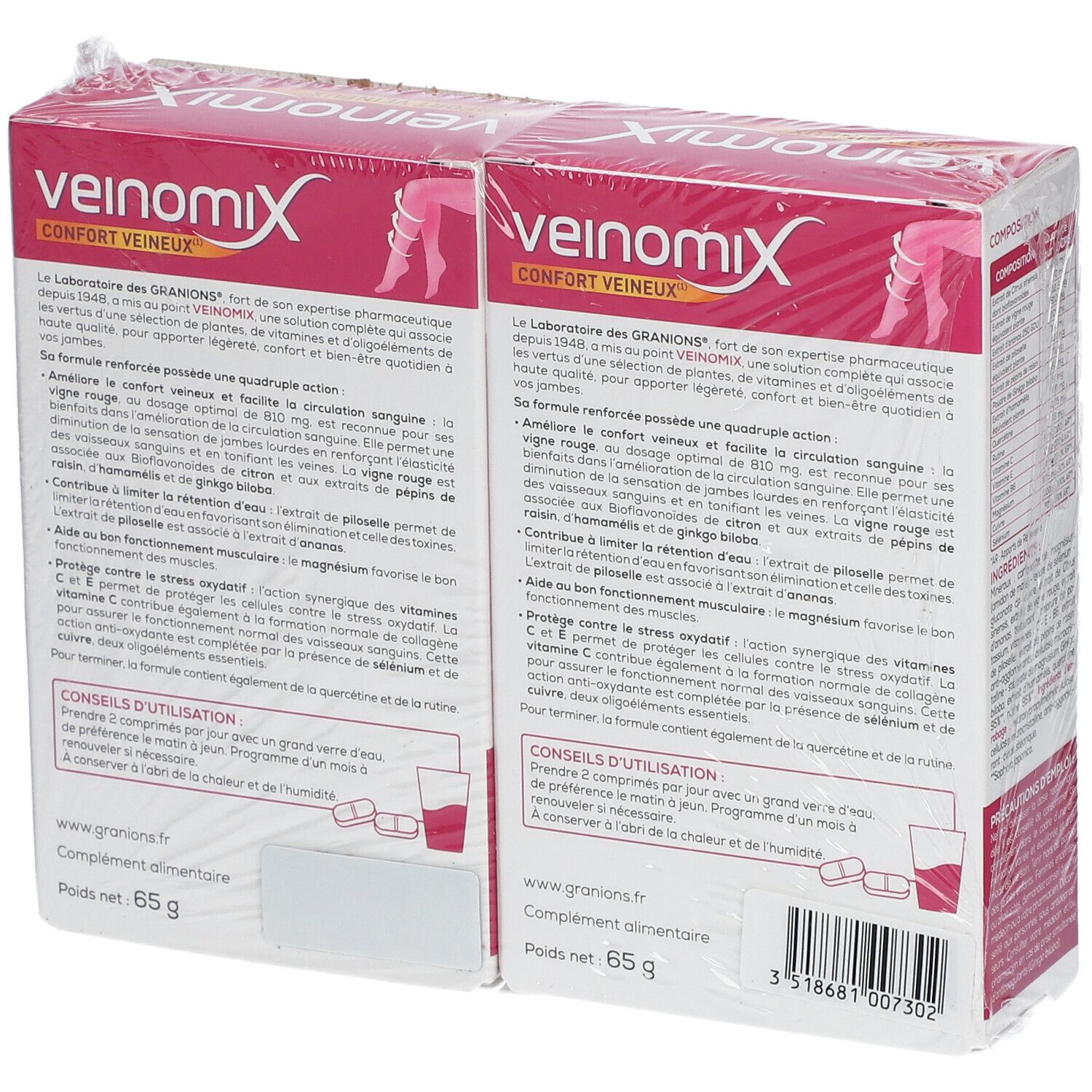 Paquet de Veinomix. Contient 60 comprimés. Inscription : 65g, ingrédients, mode d'emploi.