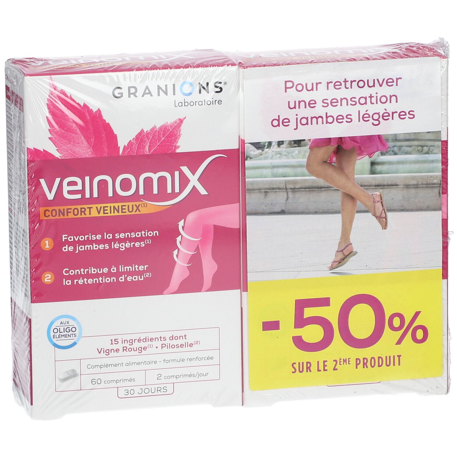 Paquet de Veinomix. Contient 60 comprimés. Inscription : -50% sur le 2ème produit.
