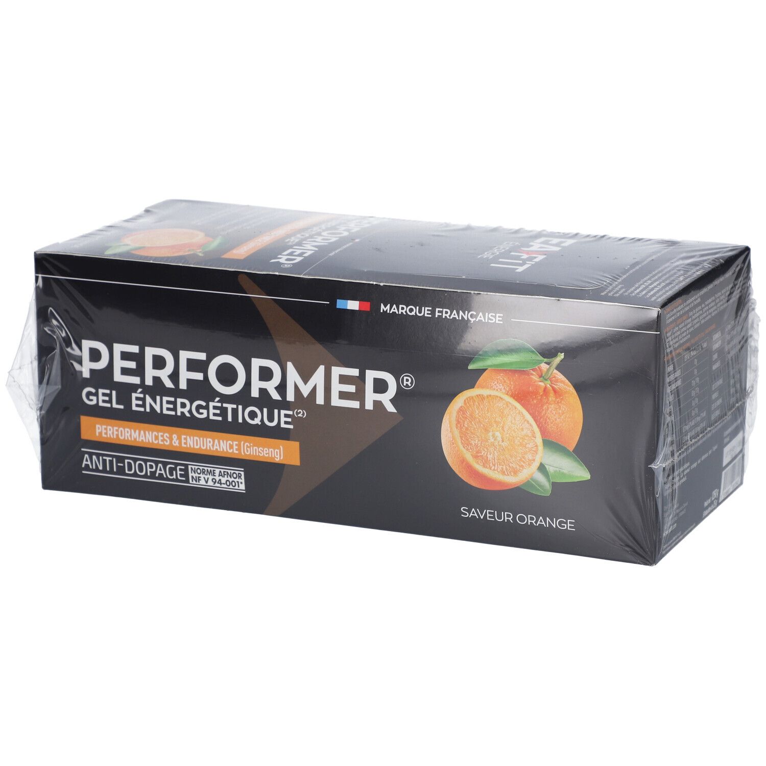 Boîte noire PERFORER, gel énergétique. Saveur orange. Illustration d'oranges. Marque française. Emballage.
