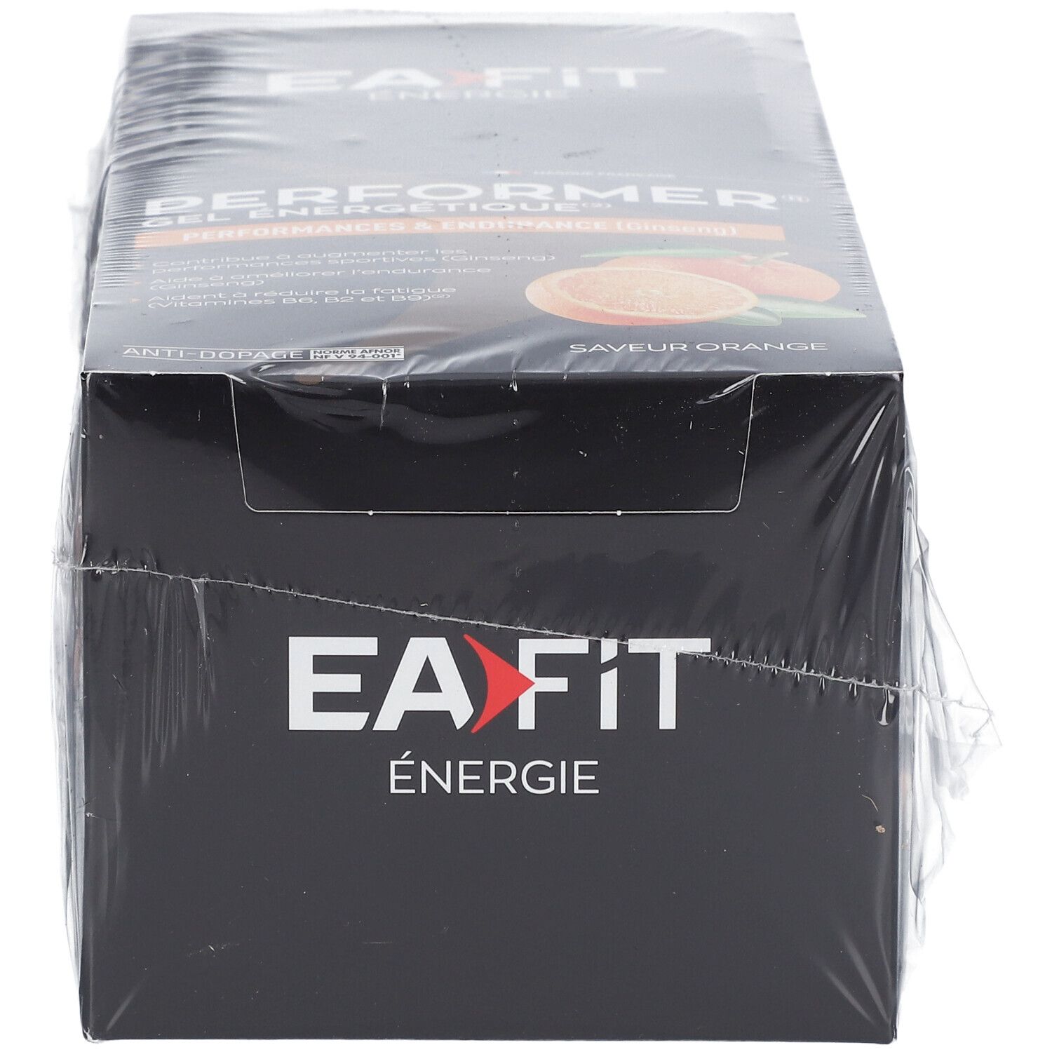 Boîte noire EA FIT, ÉNERGIE. Inscription PERFORER. Illustration orange. Emballage plastique.