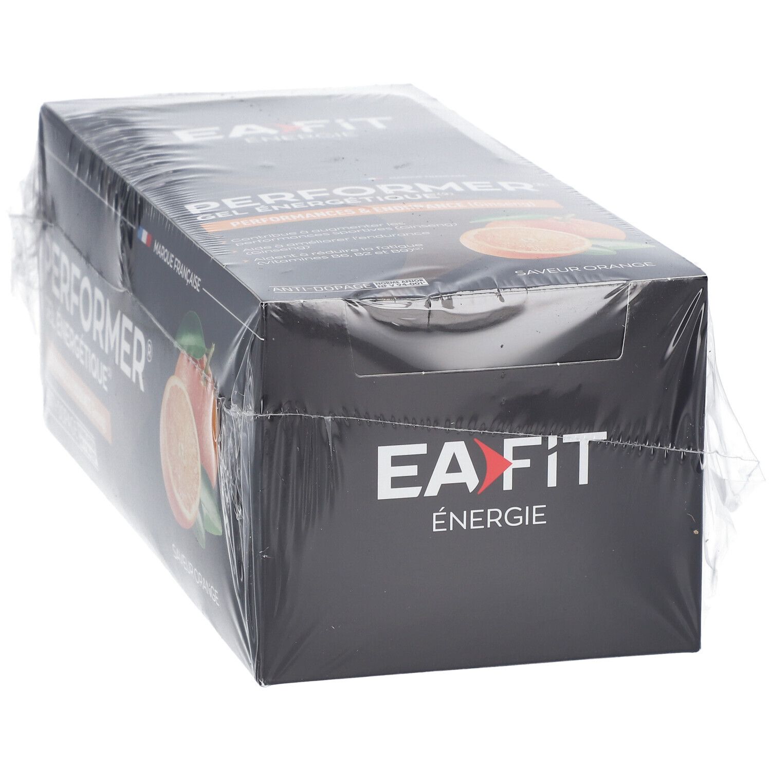 Boîte noire EA FIT, ÉNERGIE. Inscription PERFORER. Illustration orange. Emballage plastique.